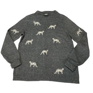 Chico's Sweater Women's S Gray Embroidered Cheetah Ribbed Sleeve & Hem Crew Neck